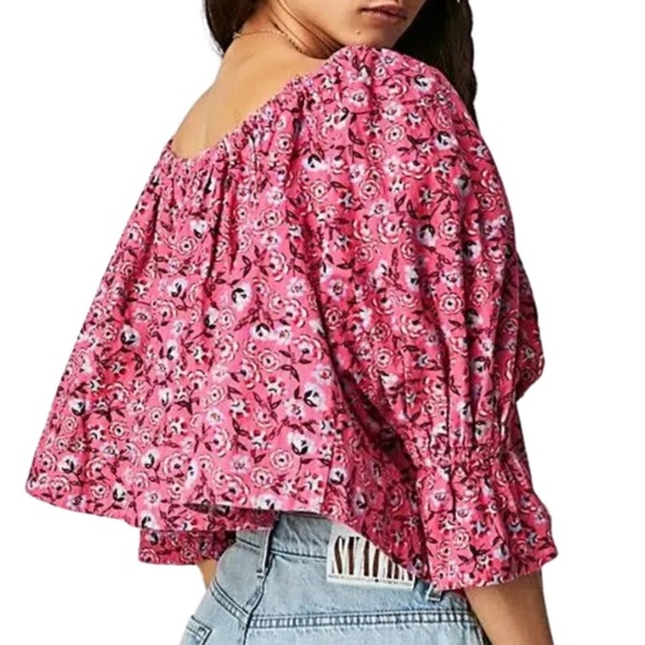 Free People Women's James Smock Pink Floral Quarter Sleeve Cropped Button Blouse - Picture 2 of 16